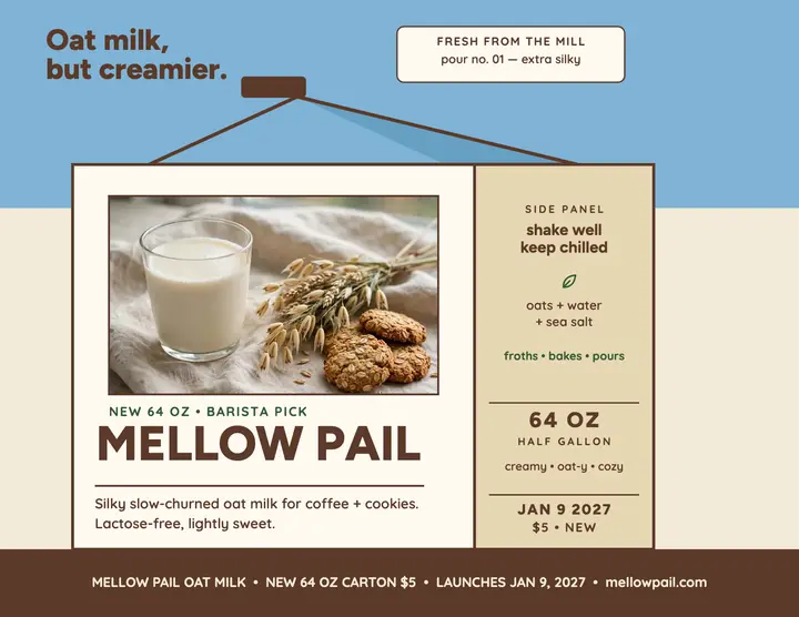 Mellow Pail oat milk carton launch flyer: oat milk launch flyer template