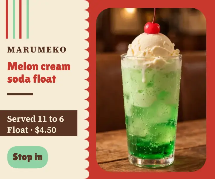 Melon cream soda float ad, retro kissaten template