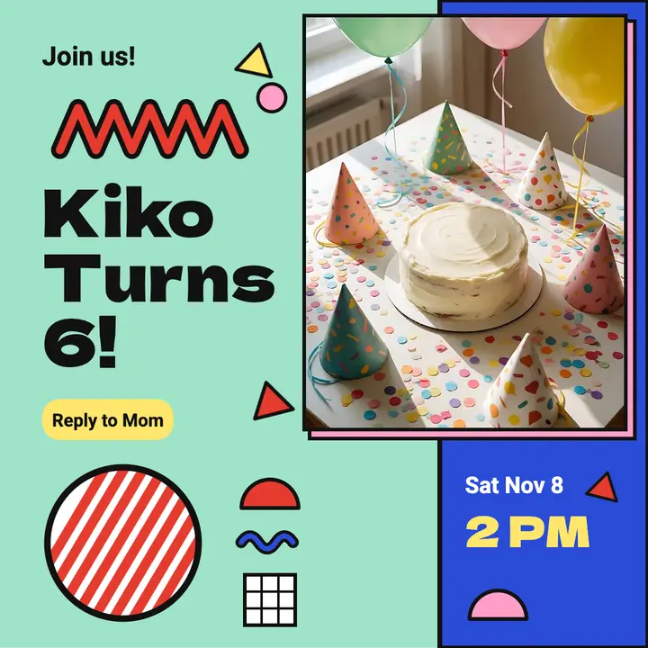 Kiko turns 6 birthday invite, Memphis style template