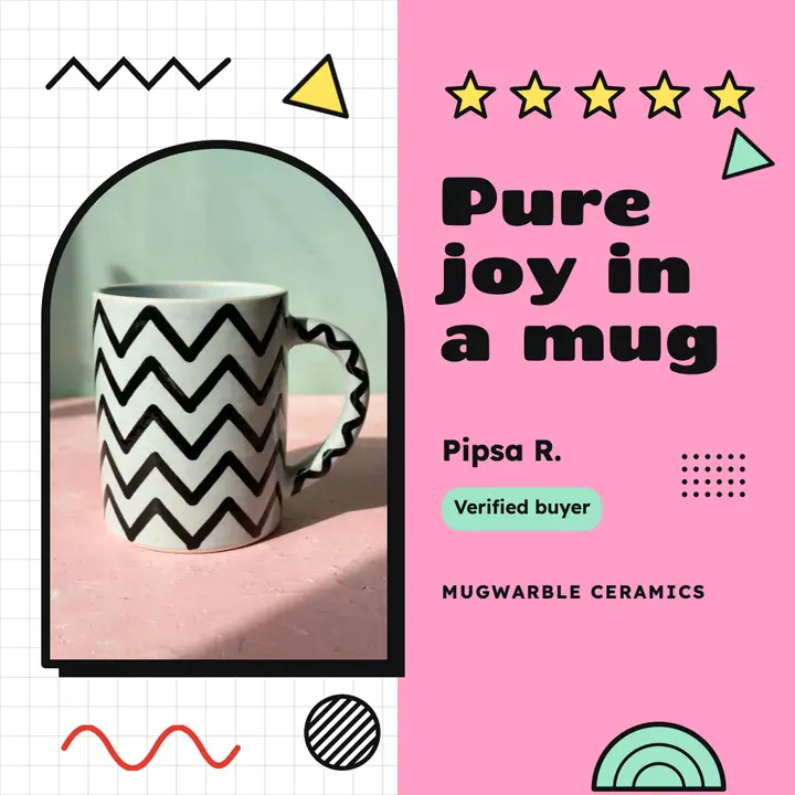 Mugwarble Ceramics review card, Memphis template