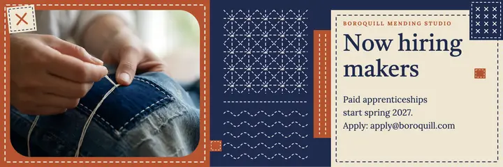 Mending studio apprentice hiring X header, sashiko stitch template