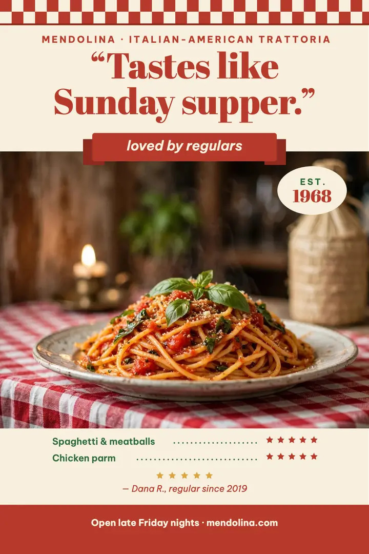 Mendolina trattoria customer review poster: trattoria review poster template