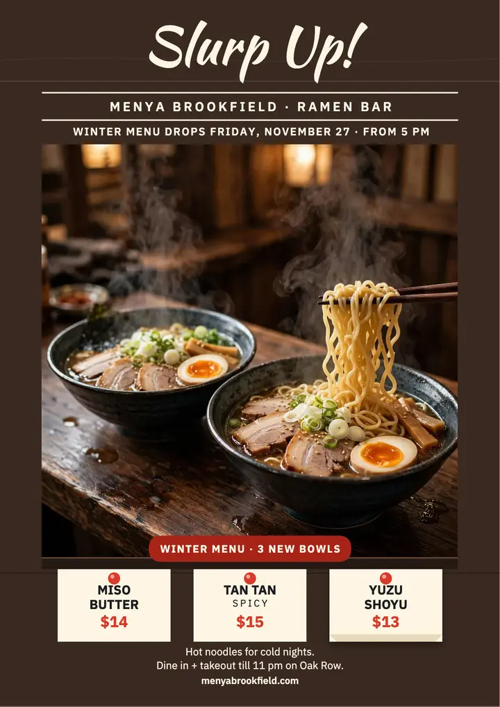Menya Brookfield ramen launch flyer template