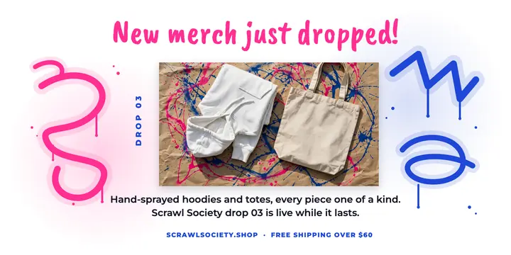 New merch drop post, spray paint template