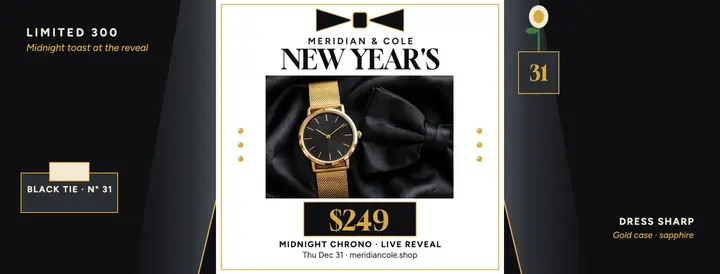 Meridian and Cole tuxedo watch launch cover template