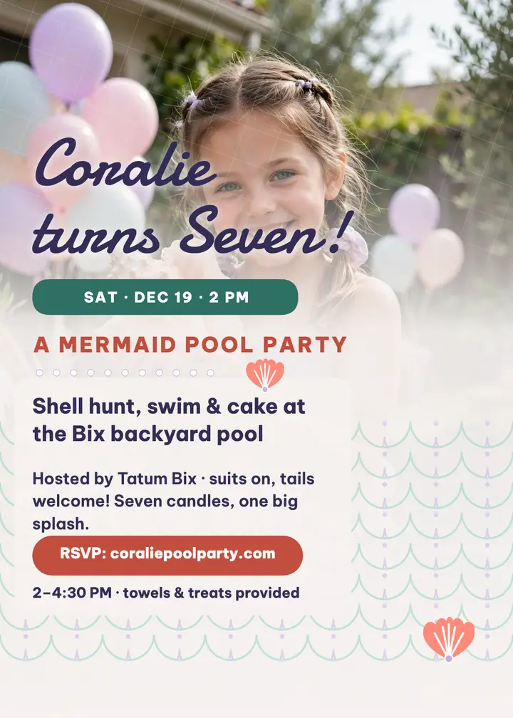 Coralie's mermaid pool birthday invite template