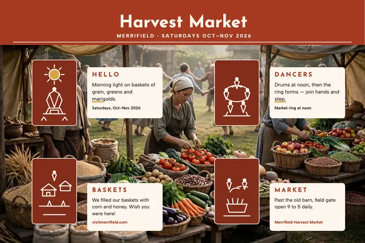 Merrifield Harvest Market warli postcard template