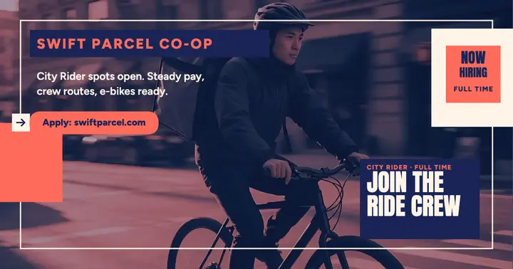 Swift Parcel rider hiring duotone post: bike messenger hiring post template