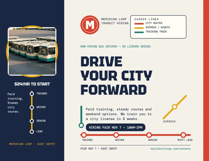 Meridian Loop bus driver hiring flyer: bus driver hiring flyer template