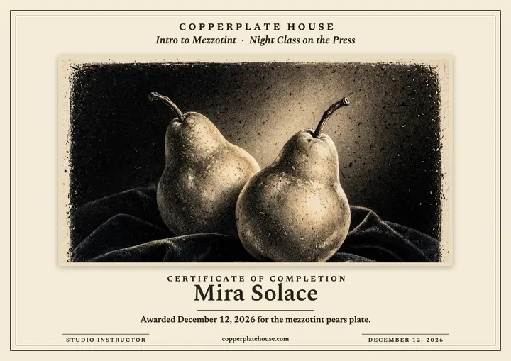 Copperplate House mezzotint pears certificate template