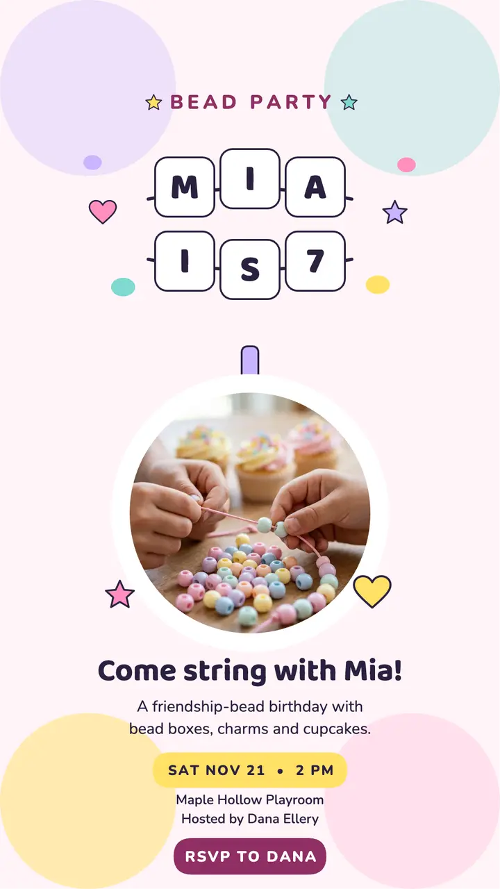 Mia bead birthday story invite template