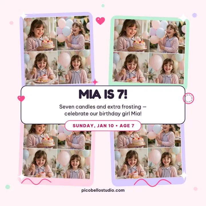 Mia is 7 sticker booth birthday post: birthday sticker post template