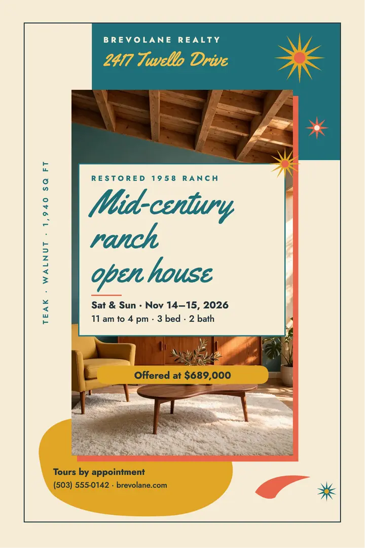 Mid-century ranch open house poster template