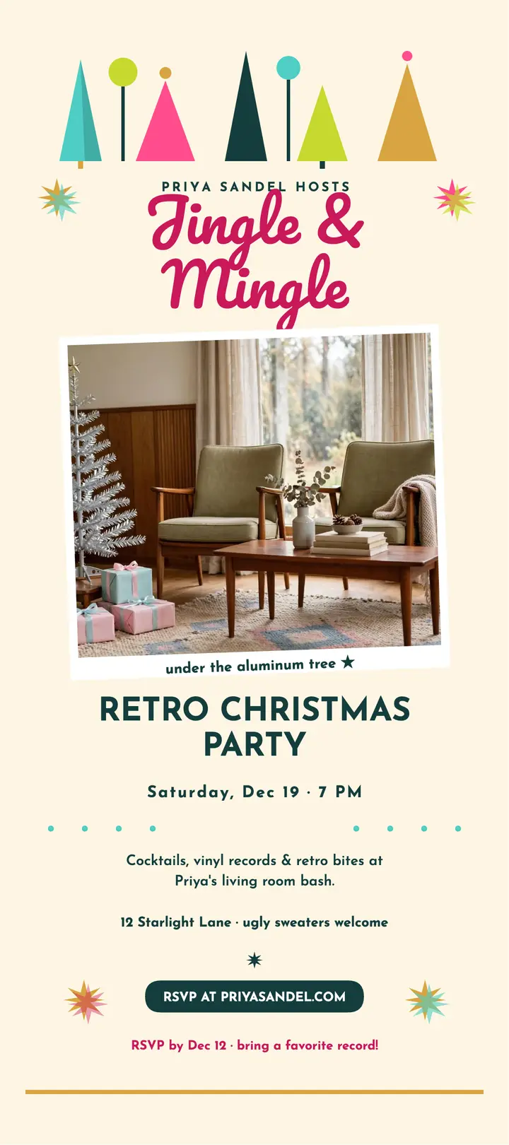 Jingle and Mingle retro party rack card template