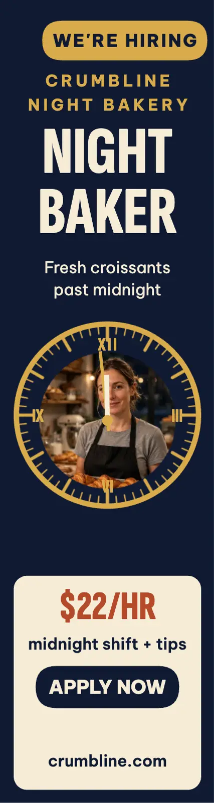 Crumbline Night Bakery hiring skyscraper template