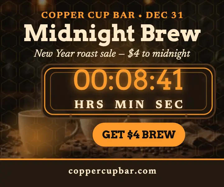 Copper Cup midnight brew countdown ad: new year coffee sale ad template