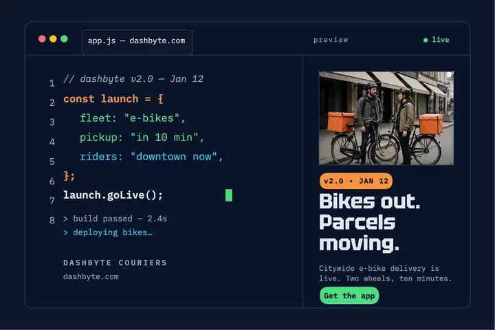 Dashbyte Couriers app launch postcard: courier app launch postcard template