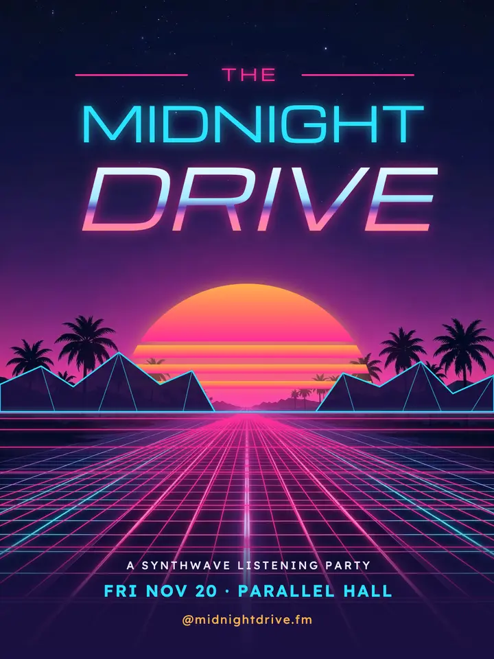 The Midnight Drive synthwave listening party poster template