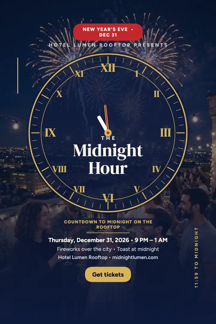 The Midnight Hour rooftop New Year poster: new year's eve party poster template