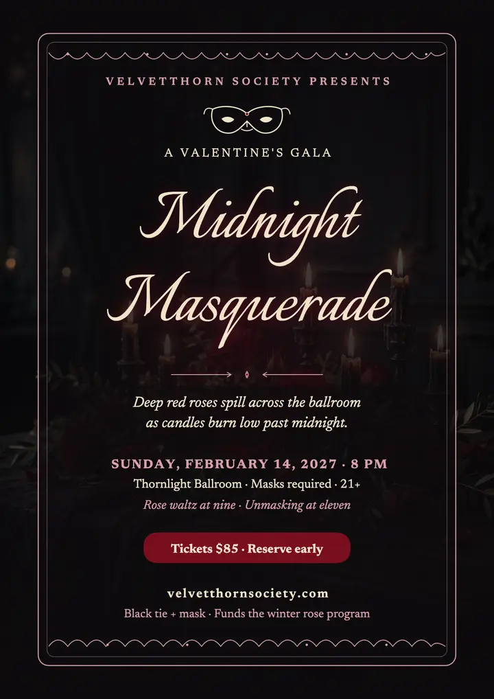 Midnight Masquerade gala flyer, ballroom roses: valentine's masquerade gala flyer template