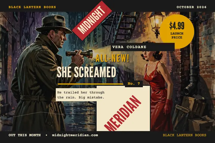 Midnight Meridian pulp launch postcard template