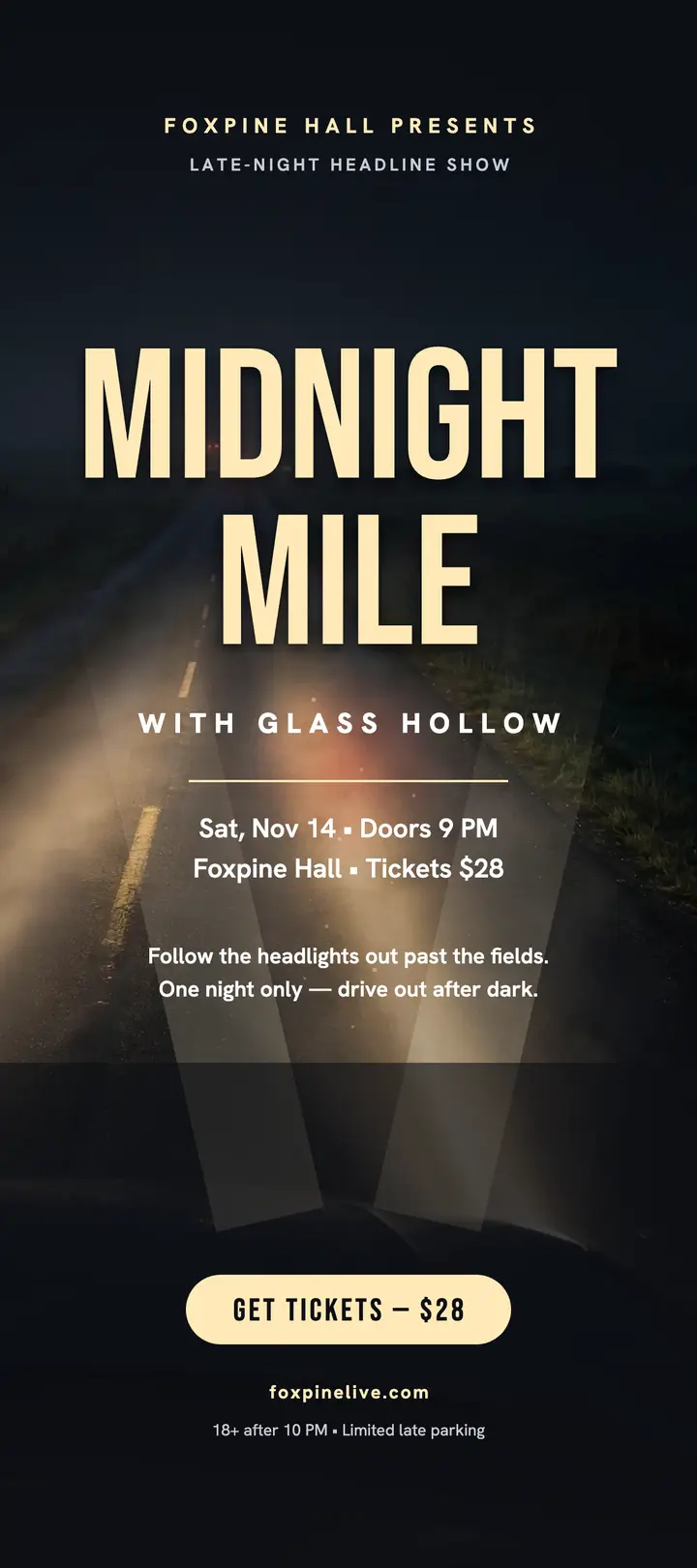 Midnight Mile tour night-drive rack card template