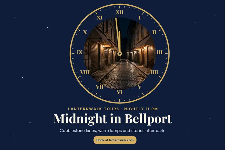 Midnight in Bellport walk postcard: midnight walking tour postcard template