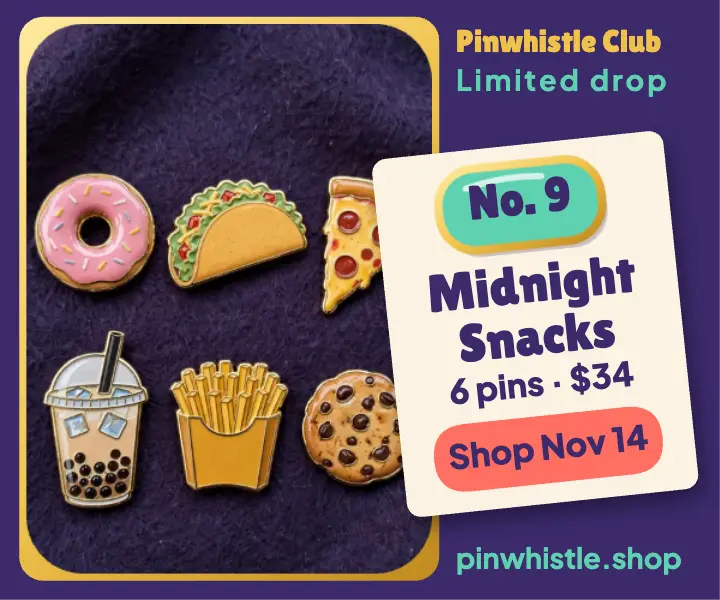 Midnight Snacks enamel pin drop ad template
