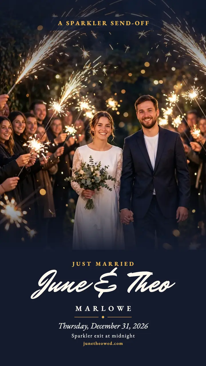 June and Theo sparkler exit story: wedding send-off story template