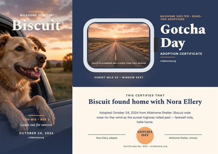 Milehome gotcha day certificate for Biscuit: dog adoption certificate template