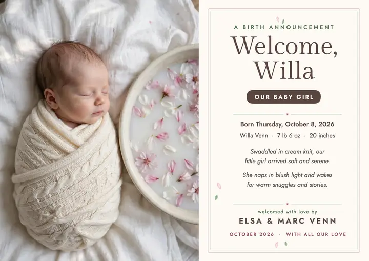Willa milk bath birth announcement template