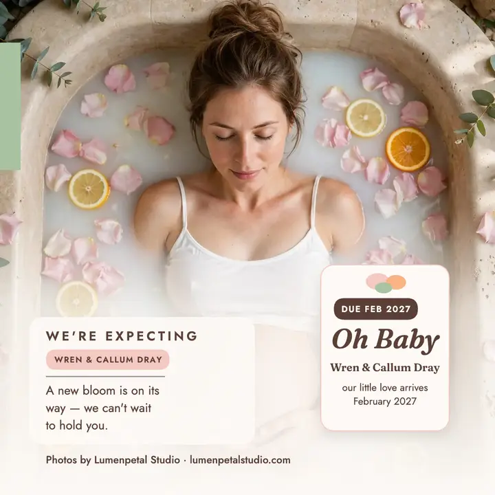 Wren and Callum milk bath maternity post: maternity announcement post template