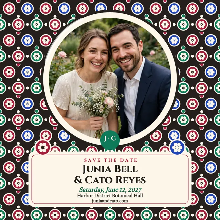 Junia Bell and Cato Reyes millefiori dome save the date: save the date card template