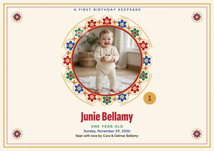 Junie first birthday millefiori keepsake: first birthday certificate template