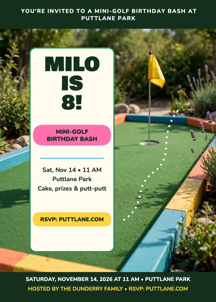 Milo mini-golf birthday invitation template