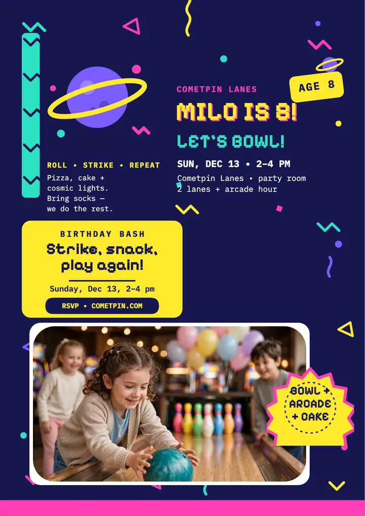 Milo's bowling birthday arcade flyer template