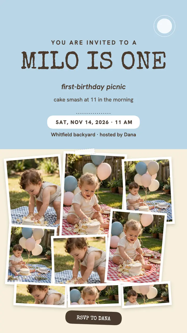 Milo turns one joiner story invite: first birthday story invite template