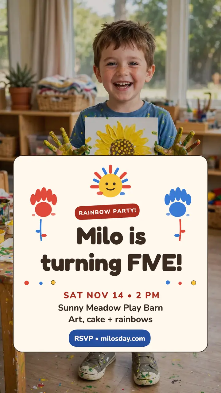 Milo's rainbow 5th birthday story invite template