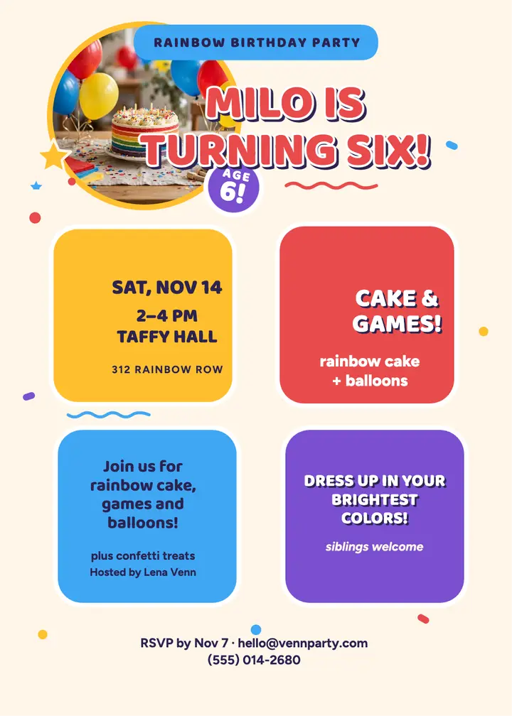 Milo rainbow birthday invitation template