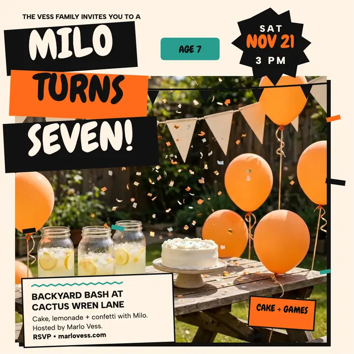 Milo turns seven backyard party post template