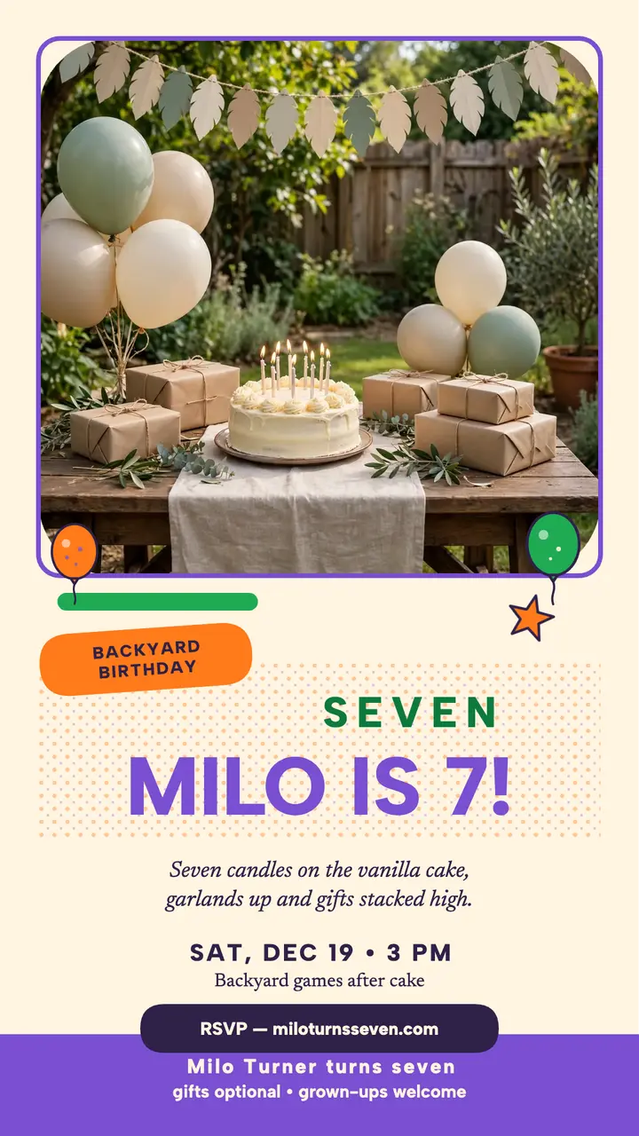 Milo's seventh birthday story, backyard party: birthday party story template