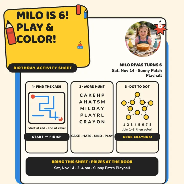 Milo's birthday activity sheet template