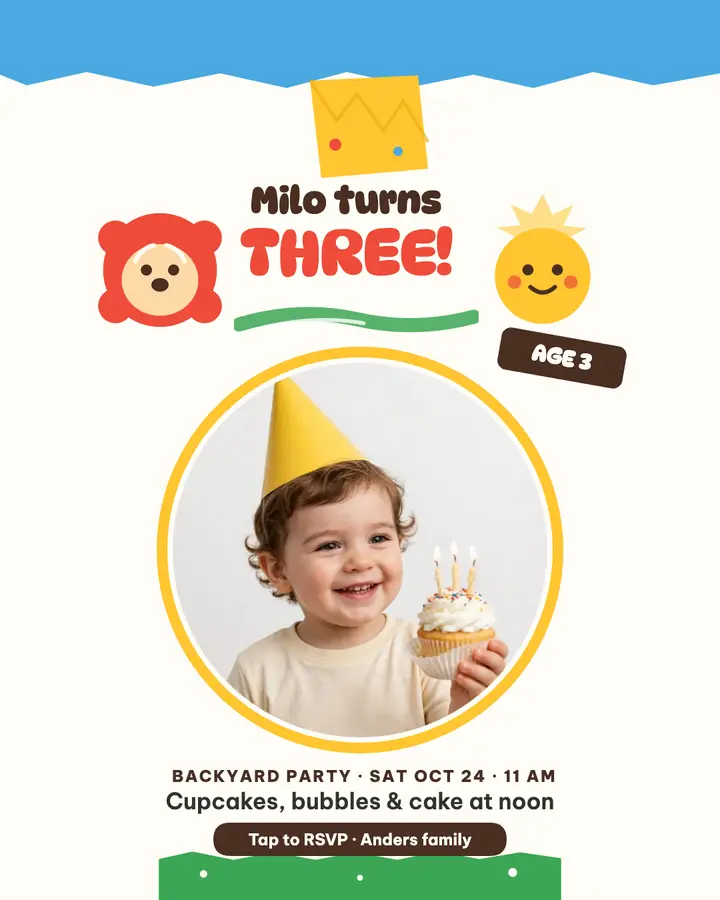 Milo turns three birthday post template