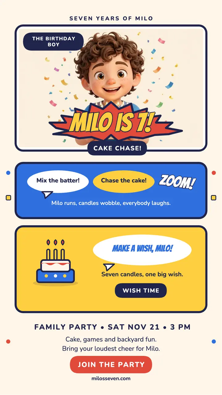 Milo turns seven comic story template