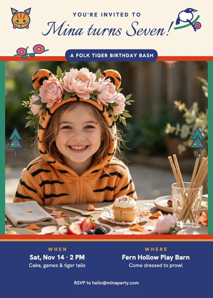 Mina tiger folk birthday invitation: kids birthday invitation template