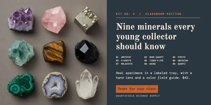 Quartzfield classroom mineral kit X post, specimen index: classroom mineral kit x post template