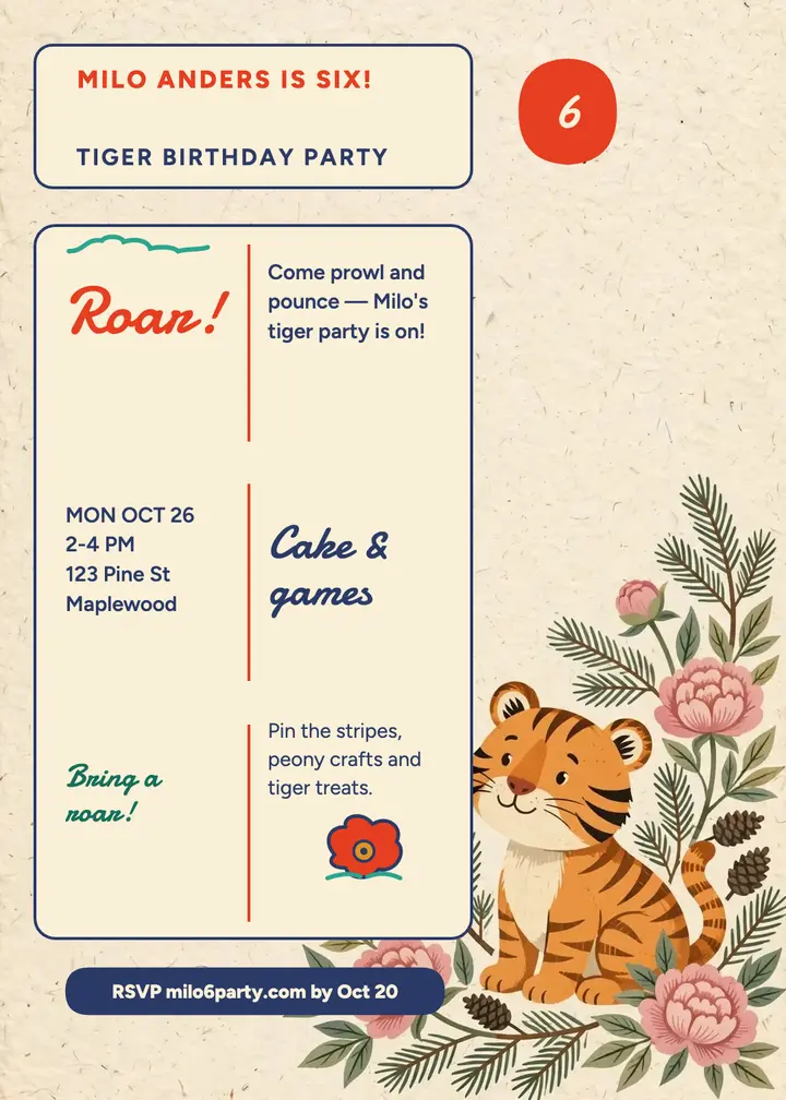 Milo's tiger birthday invite: tiger birthday invitation template