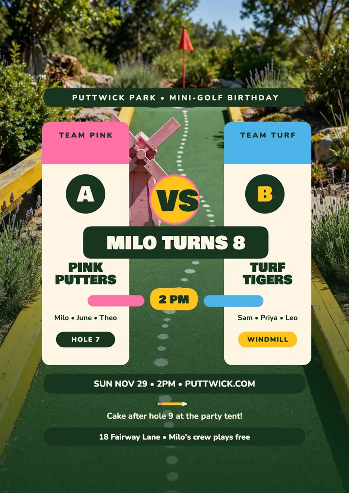 Milo's mini-golf putt battle birthday flyer template