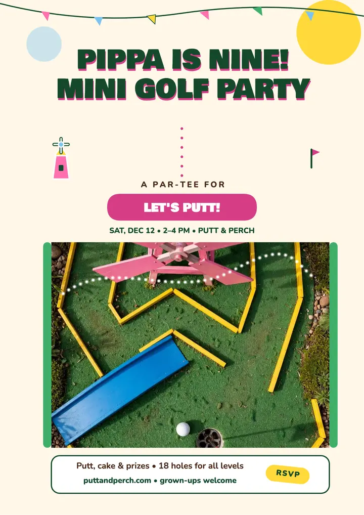 Pippa's mini golf birthday party flyer template