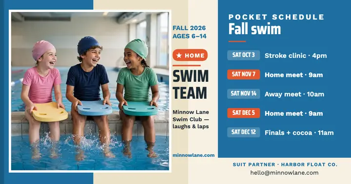 Minnow Lane swim pocket schedule post: swim club schedule post template